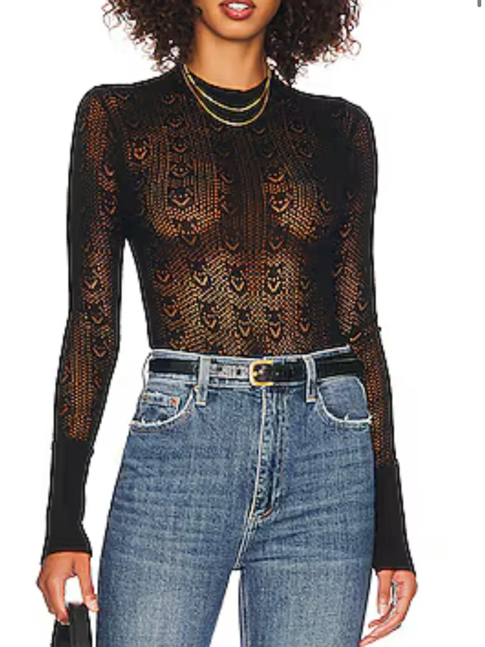Free People Black Long-Sleeve Knit Bodysuit